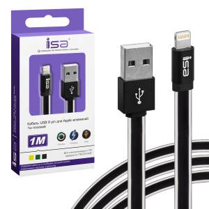 Кабель USB на Lightning 1m 2.1A алюминий плоский ISA черный
