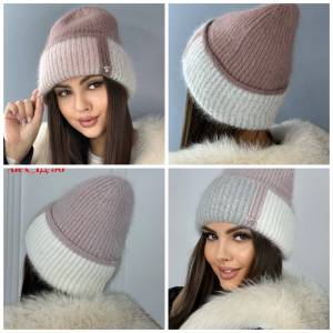 Шапка с отворотом 70% ангора + 15% акрил + 15% шерсть