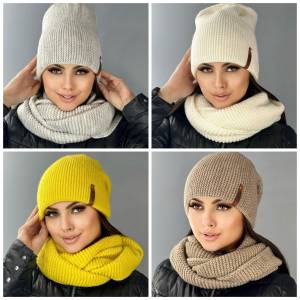  Комплект 2 в 1. Шапка без отворота(двойная вязка) + хомут. 60%шерсть + 40% акрил